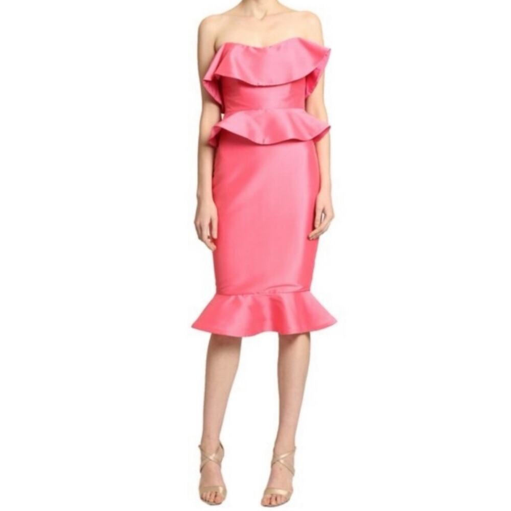 Badgley Mischka Watermelon Pink Strapless Ruffle Peplum Midi Dress 4 NWT